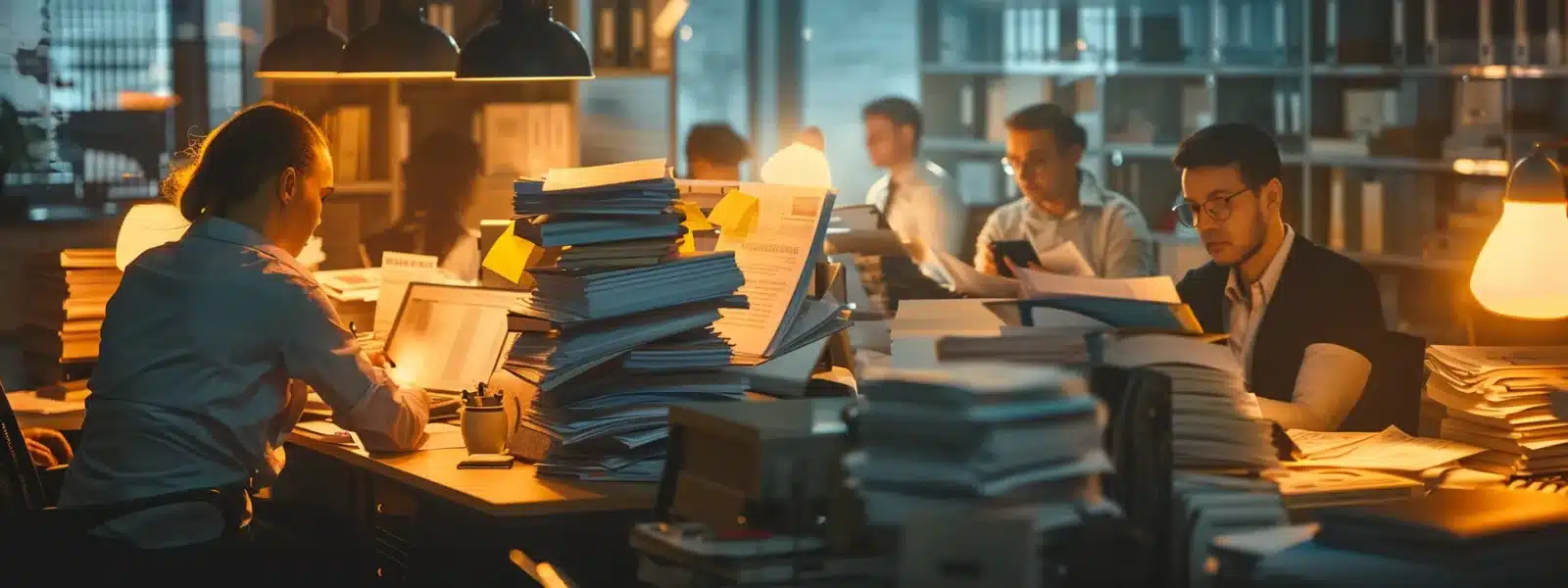 a team of frustrated employees in a dimly lit office, surrounded by stacks of paperwork and overwhelmed by the challenges of achieving cmmc compliance.