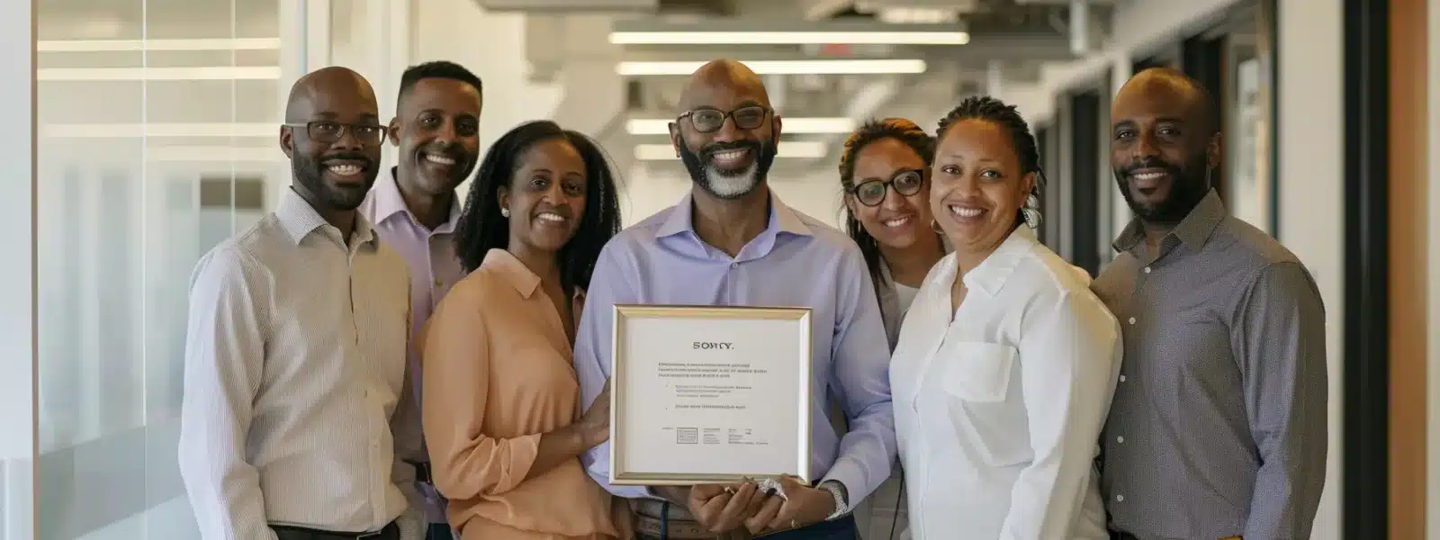 a team of professionals proudly displaying their cmmc certification plaque in a modern office setting, symbolizing their access to new markets and competitive edge in the industry.