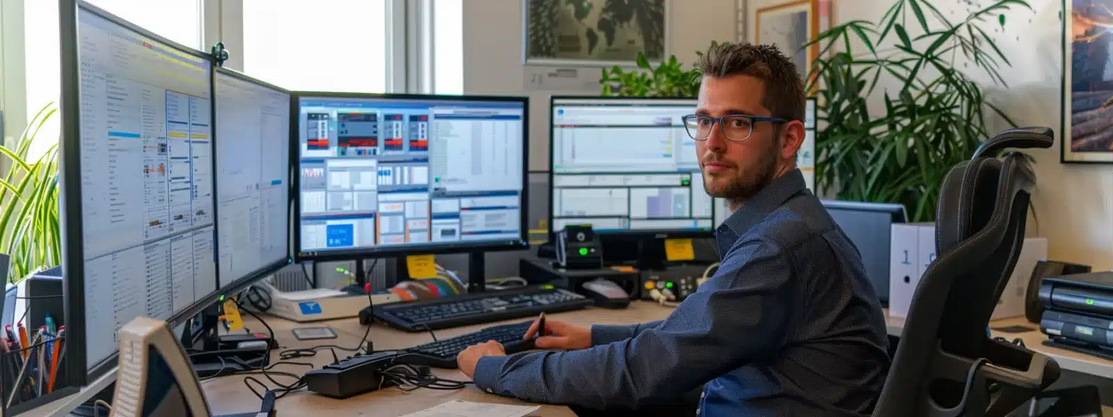 an employee at a desk surrounded by multiple computer screens, analyzing encryption methods and cybersecurity strategies to protect sensitive data.