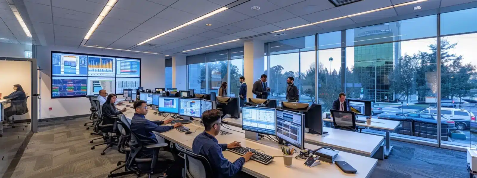 an office workspace with a computer screen displaying real-time cybersecurity monitoring data, surrounded by employees discussing proactive response strategies and business opportunities.