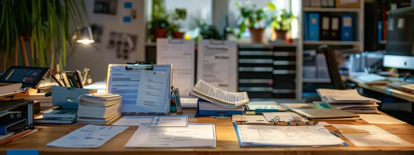 an organized workspace with labeled compliance documents neatly arranged, a checklist of closed gaps, and a group of assessors discussing strategies for the cmmc certification audit.