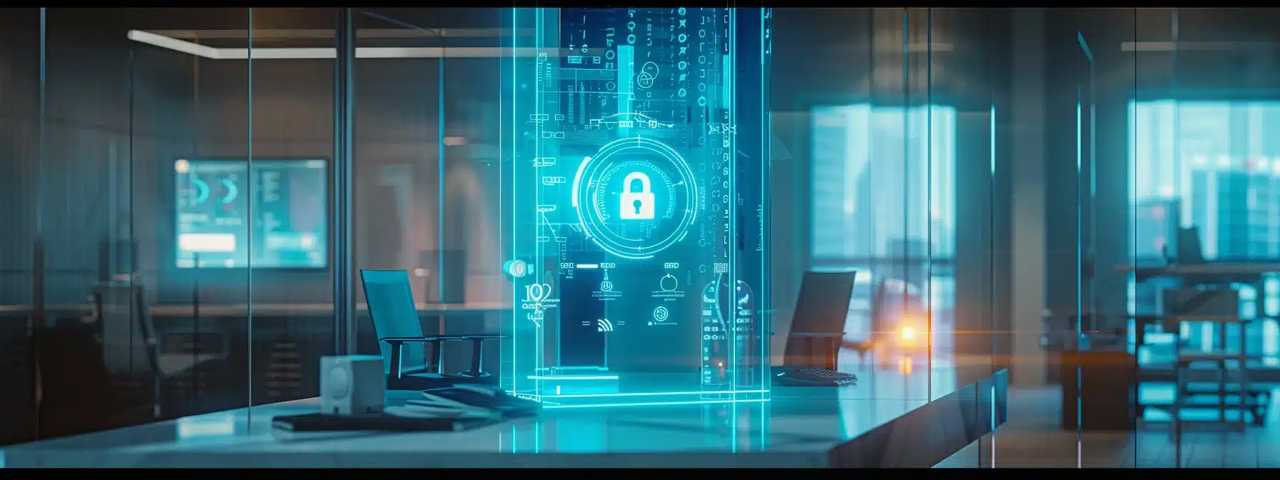 a futuristic corporate office environment showcases a high-tech access control system, featuring a glowing blue holographic display with a secure lock icon, surrounded by a sleek digital keypad, biometric fingerprint scanner, and rfid card reader, symbolizing cutting-edge cybersecurity and role-based access management.