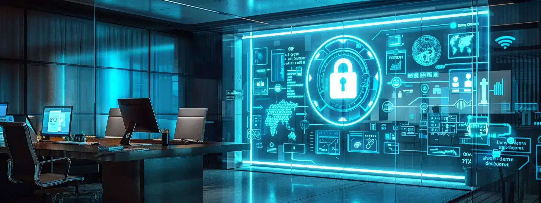 a futuristic corporate office environment showcases a high-tech access control system, featuring a glowing blue holographic display with a secure lock icon, a biometric fingerprint scanner, and an rfid card reader, highlighting the importance of safeguarding protected health information (phi) in compliance with hipaa.