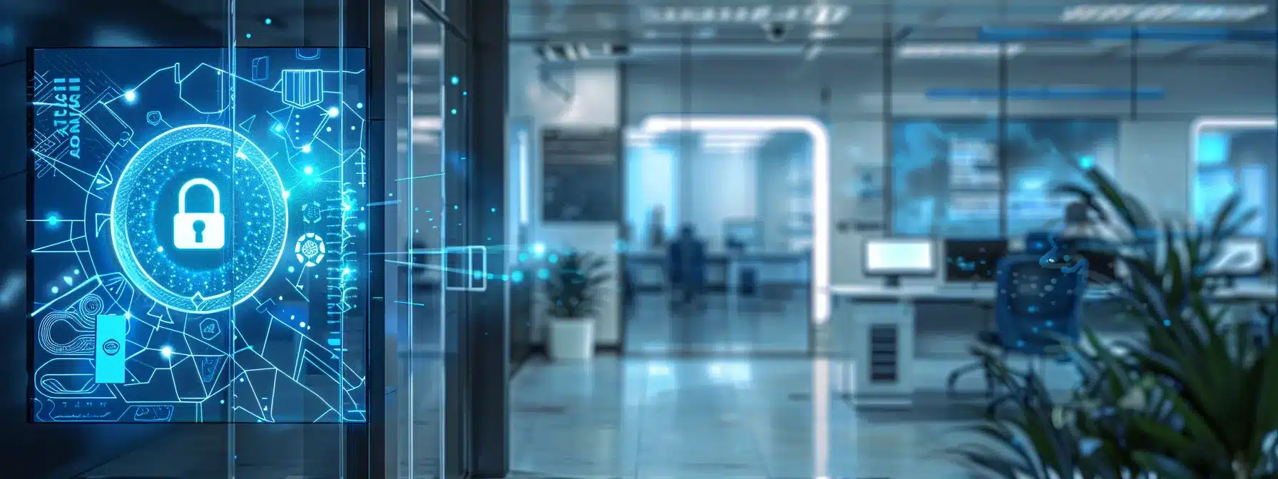 a futuristic corporate office environment showcasing a high-tech access control system with a digital keypad, biometric fingerprint scanner, and a glowing blue holographic display featuring a secure lock icon, symbolizing stringent safety compliance for temporary visitor access.