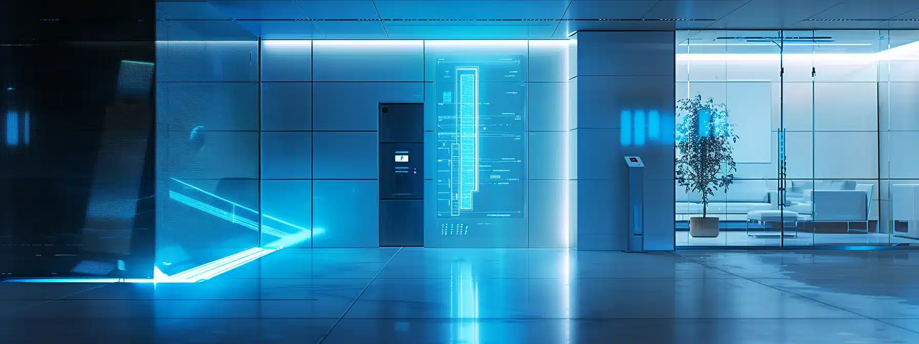 a futuristic corporate office features a high-tech access control system with a glowing blue holographic display, biometric fingerprint scanner, and rfid card reader, emphasizing the critical connection between security, compliance, and the protection of customer data.