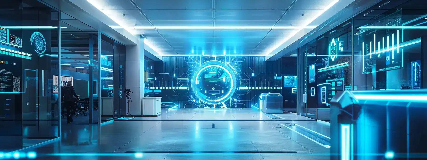 a futuristic corporate office setting showcases a high-tech access control system, featuring a glowing blue holographic interface and advanced security devices like a biometric fingerprint scanner and rfid card reader, emphasizing the importance of cybersecurity and restricted access.