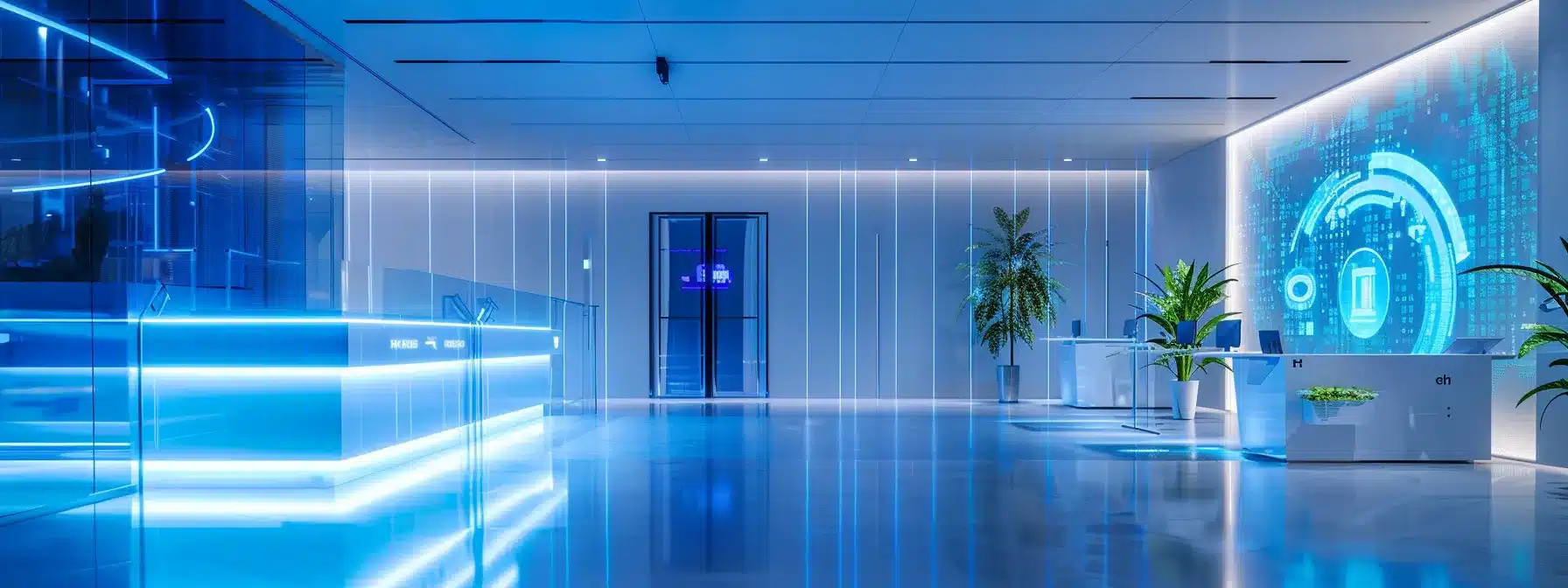 a futuristic corporate office showcases a high-tech access control system featuring a glowing blue holographic display, biometric fingerprint scanner, and rfid card reader, emphasizing the importance of ongoing compliance and cybersecurity.