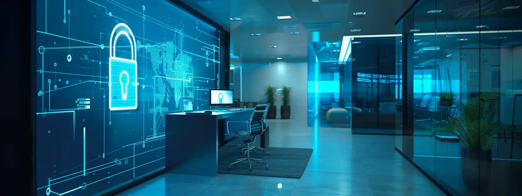 a futuristic corporate office with a high-tech access control system featuring a glowing blue holographic display, showcasing a secure lock icon alongside a digital keypad, biometric fingerprint scanner, and rfid card reader, all emphasizing advanced security and restricted access.