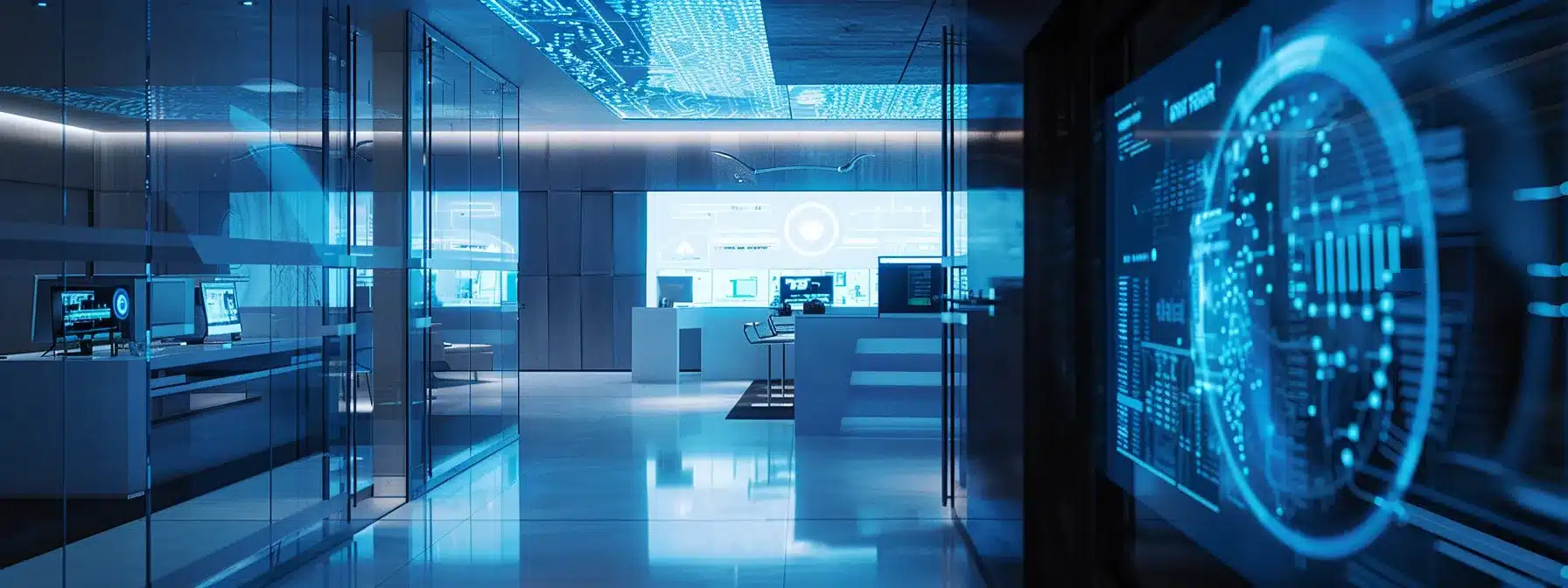 a futuristic corporate office with a high-tech access control system featuring a glowing blue holographic display and biometric scanner, symbolizing secure and compliant management of sensitive health information.