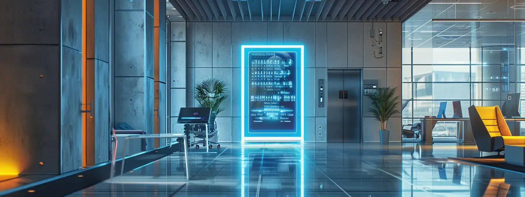 a futuristic corporate office with a sleek access control system featuring a glowing blue holographic display, digital keypad, and biometric fingerprint scanner, symbolizing the importance of hipaa compliance in securing protected health information.