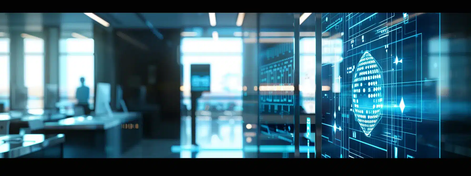 a futuristic security interface showcasing a high-tech access control system with a glowing blue holographic display in a sleek corporate office environment, emphasizing advanced technology for hipaa compliance and sensitive data protection.