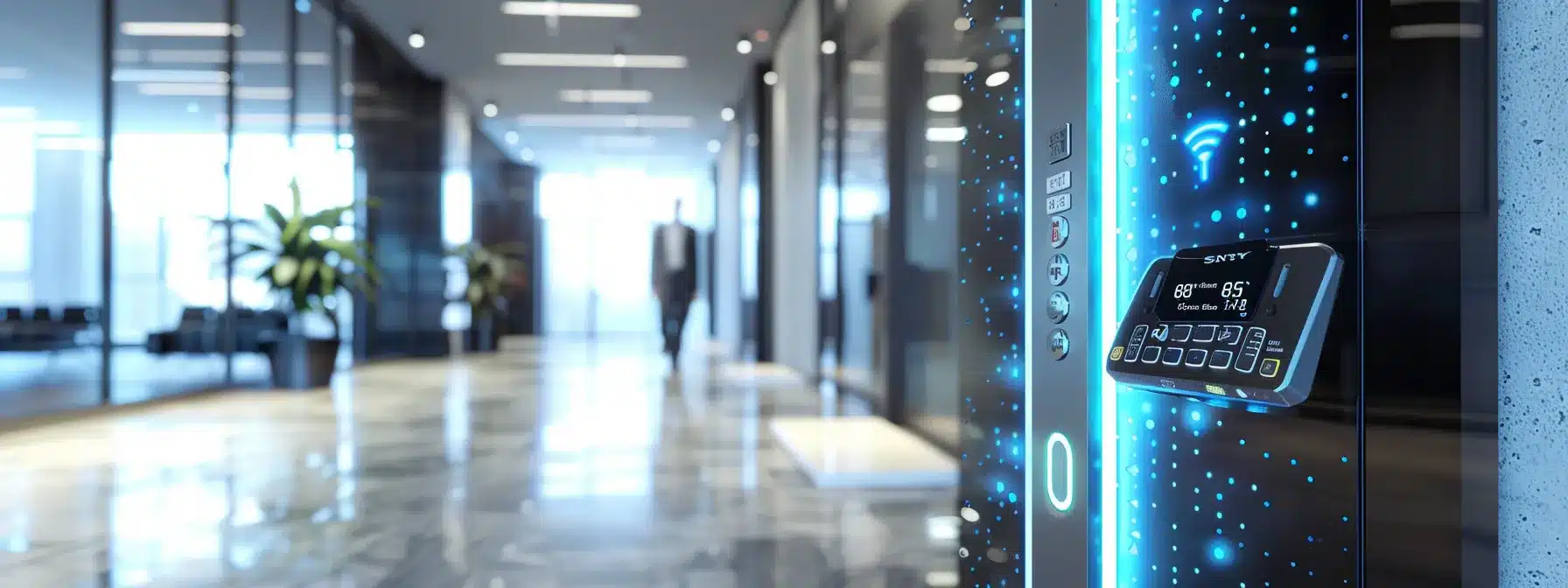 a high-tech access control system features a sleek digital keypad, an advanced biometric fingerprint scanner, and an rfid card reader, all highlighted by a glowing blue holographic display showcasing a secure lock icon within a modern corporate office environment emphasizing cybersecurity and restricted access.