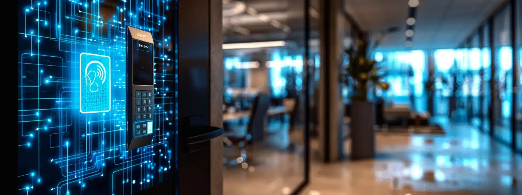 a high-tech access control system featuring a digital keypad, biometric fingerprint scanner, and rfid card reader is showcased in a corporate office environment, illuminated by a glowing blue holographic display that highlights a secure lock icon, emphasizing advanced security and restricted access.