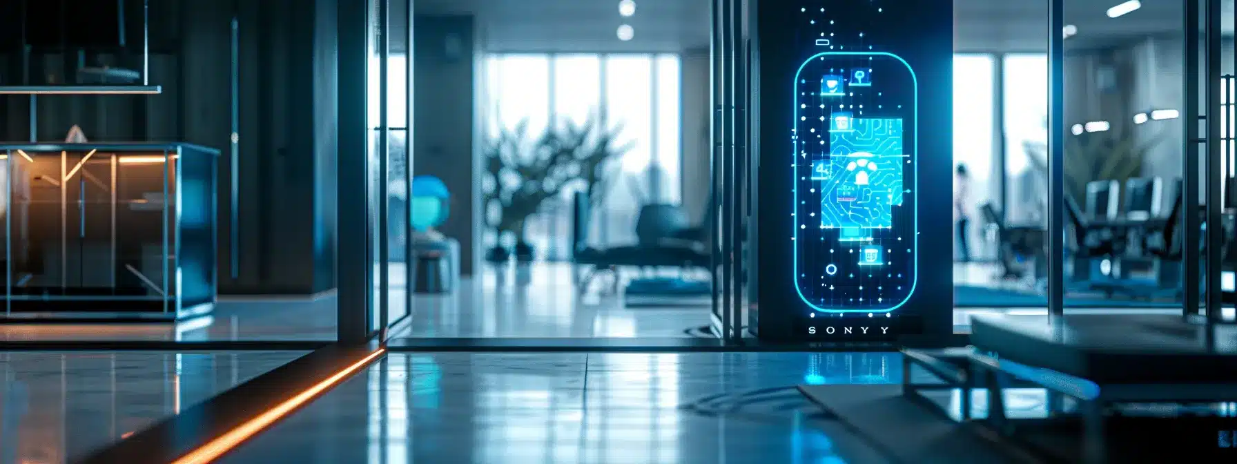 a sleek corporate office environment featuring a high-tech access control system with a glowing blue holographic display and advanced security features like a biometric fingerprint scanner and rfid card reader, highlighting the fusion of technology and cybersecurity.