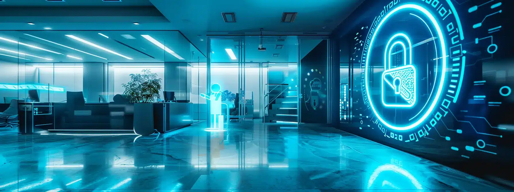 a sleek, futuristic corporate office showcases a high-tech access control system with a digital keypad, biometric fingerprint scanner, and an rfid card reader, illuminated by a glowing blue holographic display featuring a secure lock icon, emphasizing cutting-edge security and restricted access.