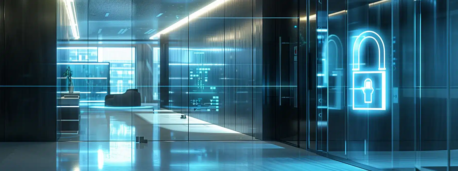 a sleek, futuristic corporate office setting showcases a high-tech access control system with a glowing blue holographic display of a secure lock icon, emphasizing enhanced security and compliance in today's digital age.