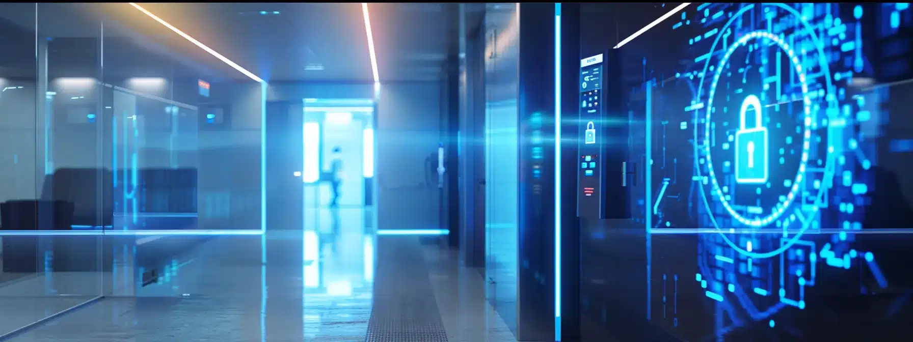 a sleek, futuristic office environment showcases a high-tech access control system, featuring a digital keypad, biometric fingerprint scanner, and rfid card reader, all illuminated by a glowing blue holographic display of a secure lock icon, symbolizing the importance of updated visitor access procedures for enhanced security.