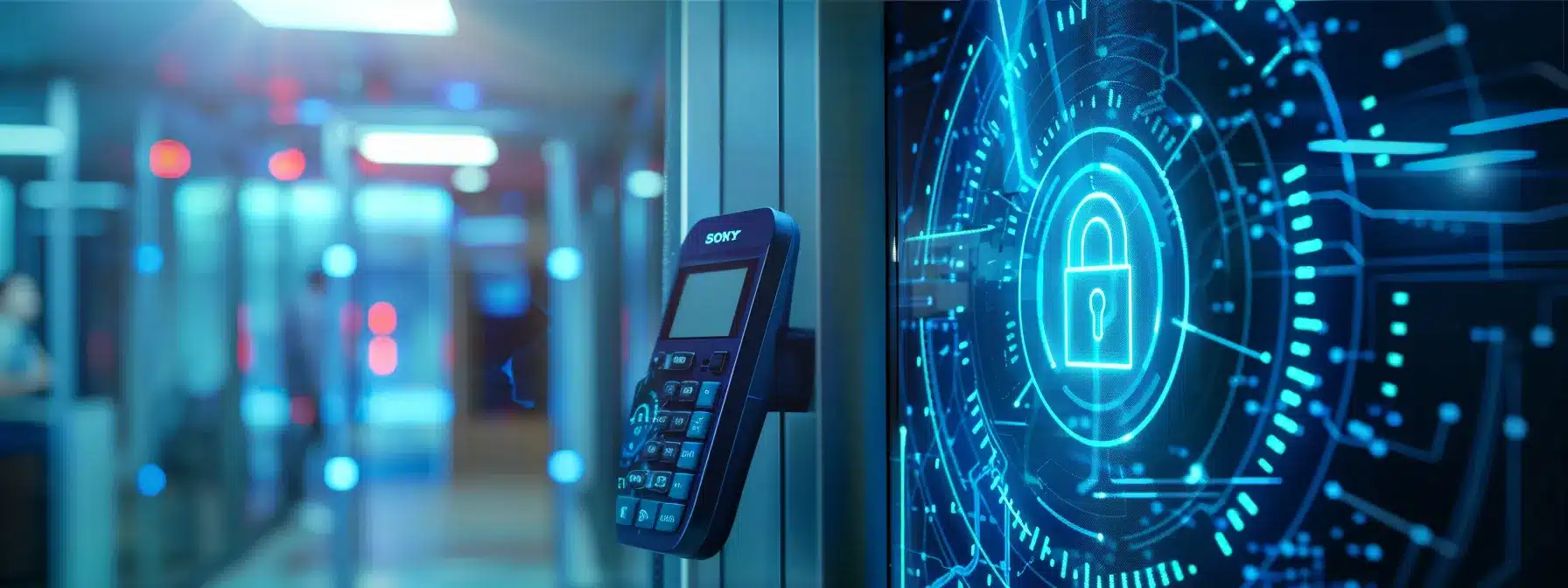 a sleek, futuristic office showcases a high-tech access control system featuring a digital keypad, biometric fingerprint scanner, and rfid card reader against a backdrop of a glowing blue holographic display with a secure lock icon, symbolizing advanced cybersecurity and restricted access.