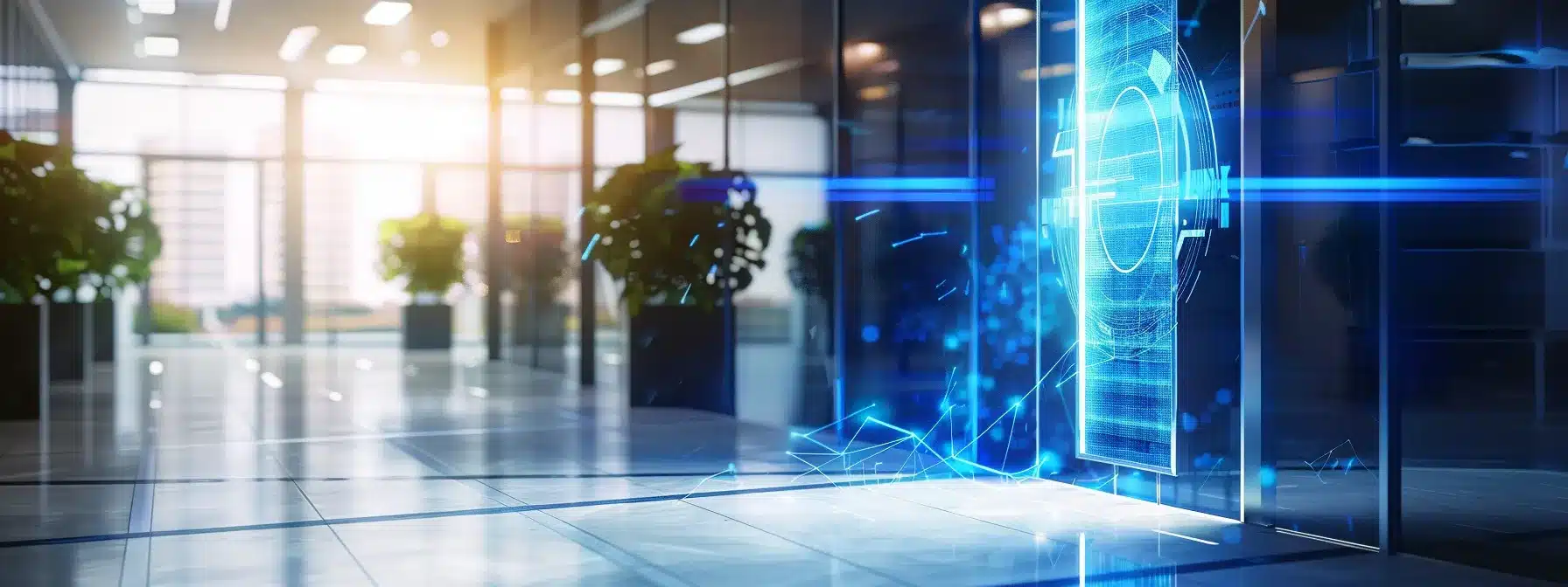 a sleek, high-tech access control system featuring a glowing blue holographic interface, with a biometric fingerprint scanner and rfid card reader set against a modern corporate office backdrop, symbolizes the future of security technology.