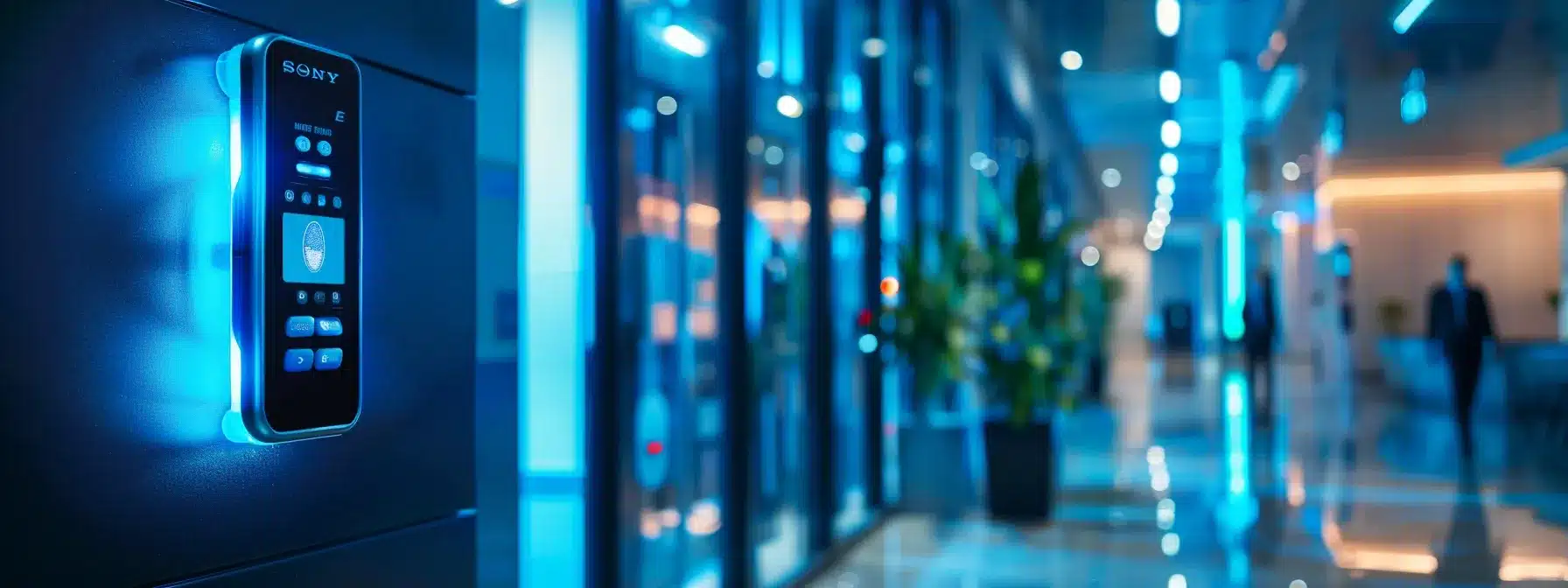 a sleek, high-tech access control system featuring a digital keypad, biometric fingerprint scanner, and rfid card reader is illuminated by a glowing blue holographic display in a corporate office environment, symbolizing cutting-edge security and restricted access.