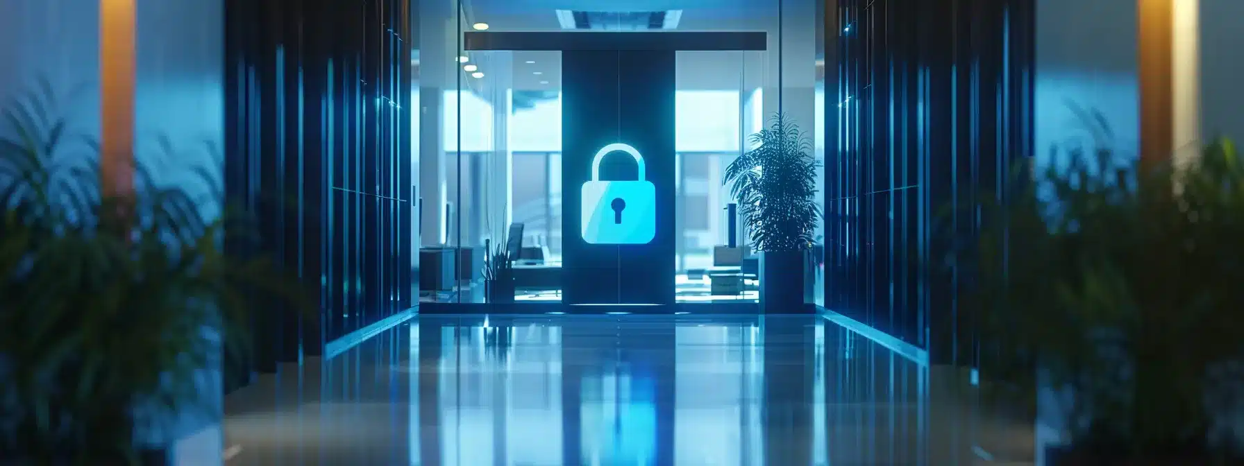 a sleek, high-tech access control system featuring a glowing blue holographic display of a secure lock icon, set against a modern corporate office backdrop that emphasizes cybersecurity and restricted access.