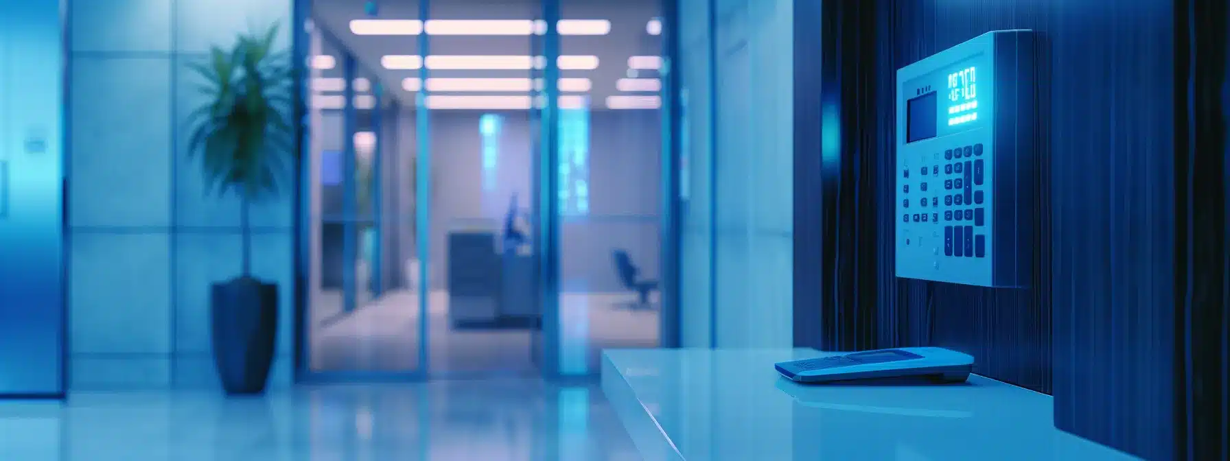 a sleek, high-tech access control system featuring a digital keypad, biometric fingerprint scanner, and rfid card reader, illuminated by a glowing blue holographic display, set against the backdrop of a modern corporate office emphasizing cybersecurity and restricted access.