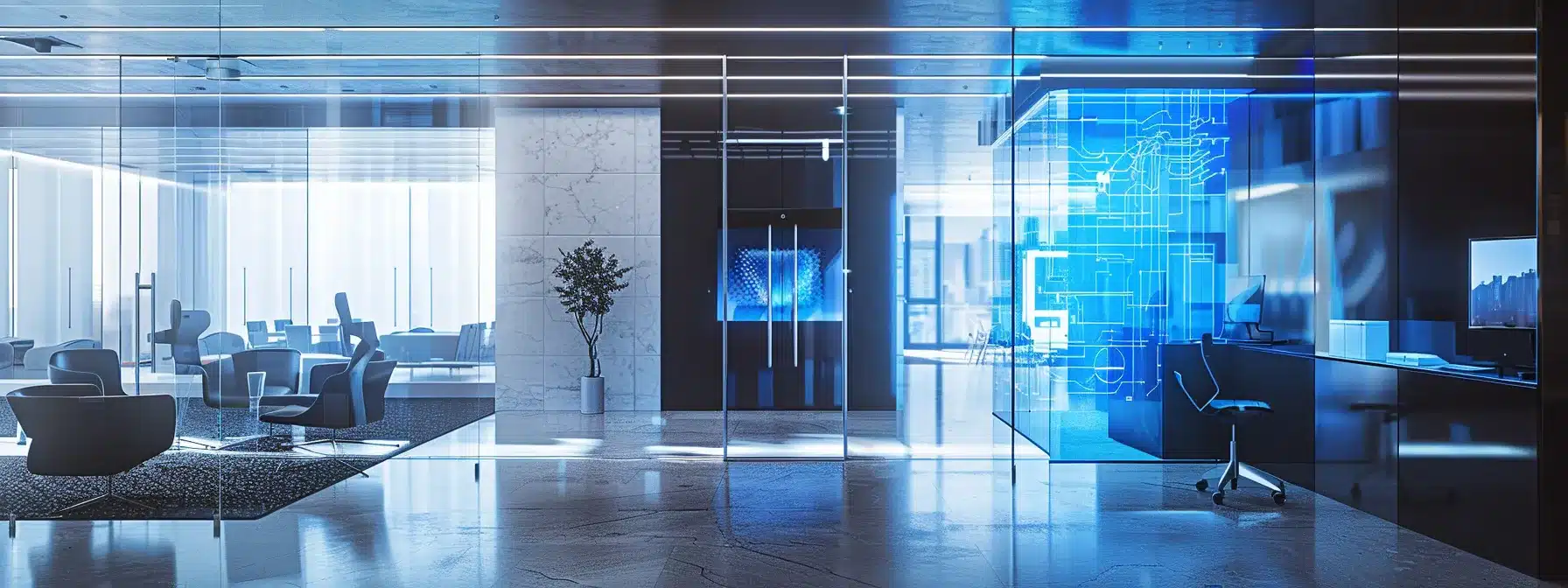 a sleek, high-tech office environment showcases an advanced access control system with a glowing blue holographic display, emphasizing the importance of visitor access guidelines for enhanced safety and security.