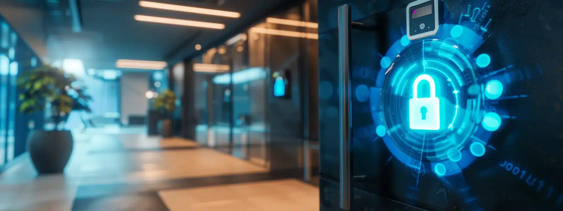 a sleek, high-tech access control system featuring a digital keypad, biometric fingerprint scanner, and rfid card reader is illuminated by a glowing blue holographic display of a secure lock icon, set against the backdrop of a modern corporate office emphasizing cybersecurity and restricted access.