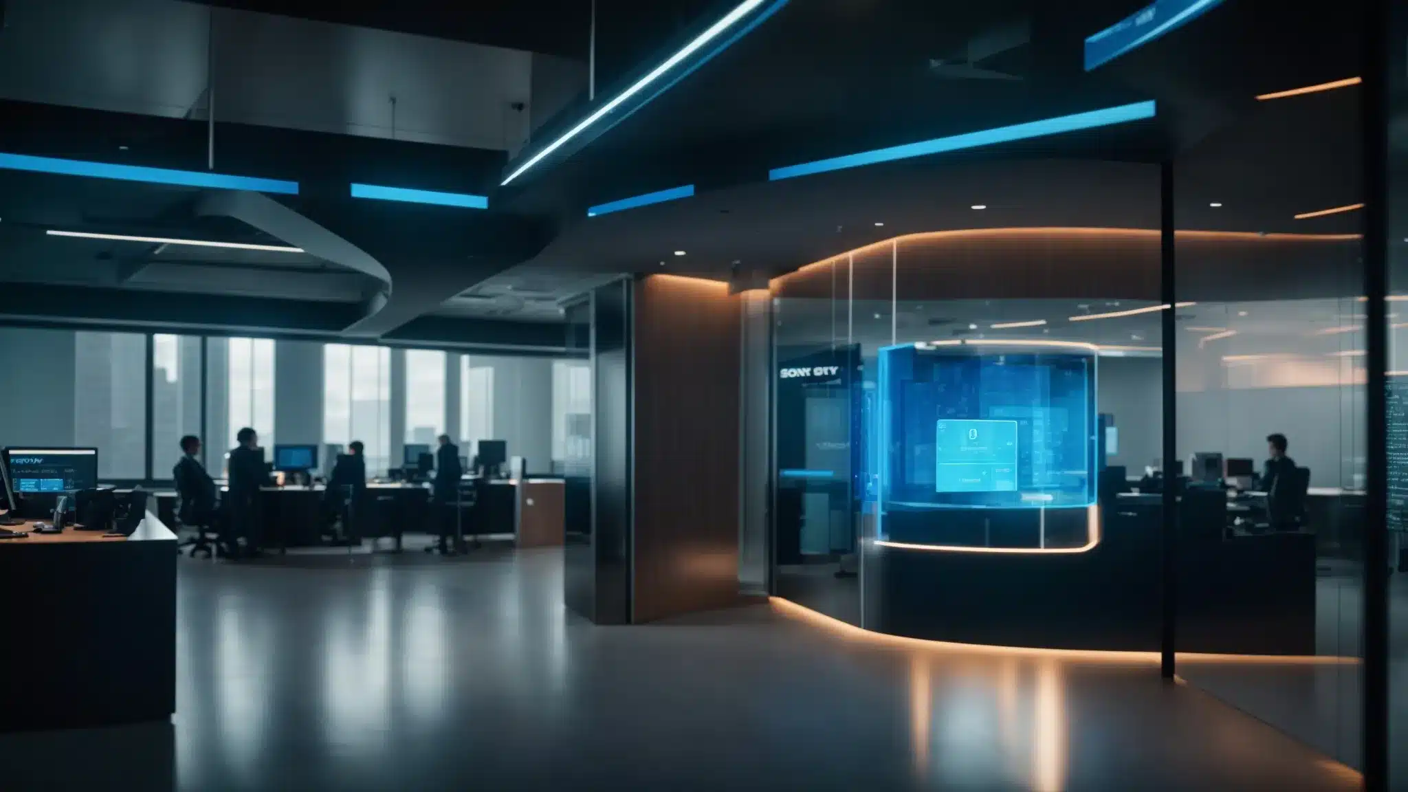 a futuristic corporate office scene showcases a high-tech access control system featuring a glowing blue holographic security interface with a secure lock icon, emphasizing a culture of safety and cybersecurity in visitor management.