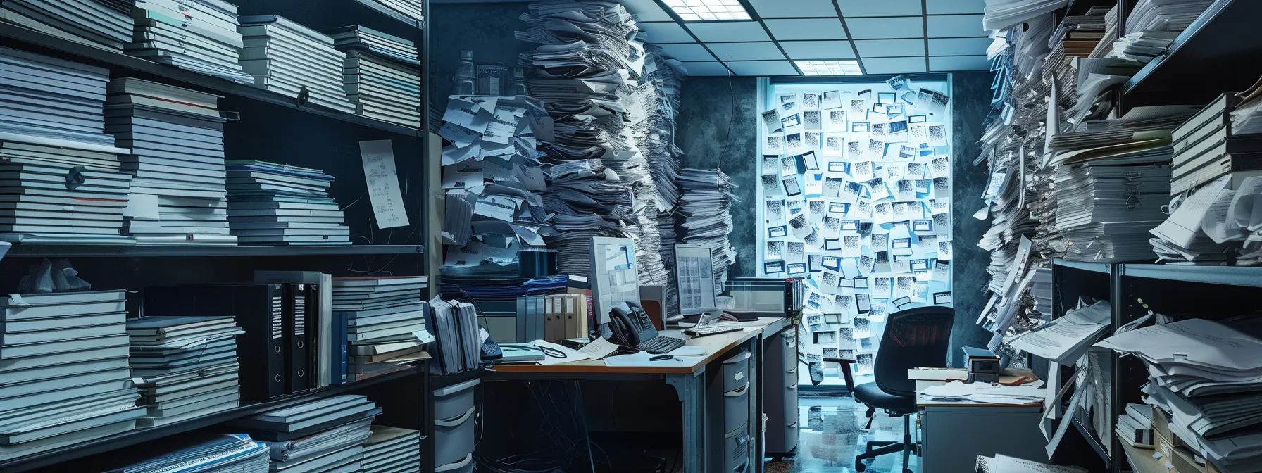 a cluttered office space filled with frustrated employees surrounded by stacks of compliance paperwork and digital screens displaying complex cmmc regulations, highlighting the overwhelming burden of draining internal resources devoted to inefficient compliance tasks.