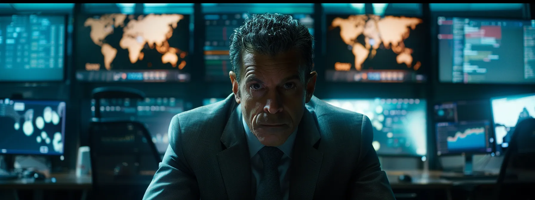 a dimly lit corporate office reveals a distressed security analyst staring intently at multiple screens displaying alarming cybersecurity breach alerts and compliance warning messages, emphasizing the urgent need for enhanced protective measures against escalating cyber threats.