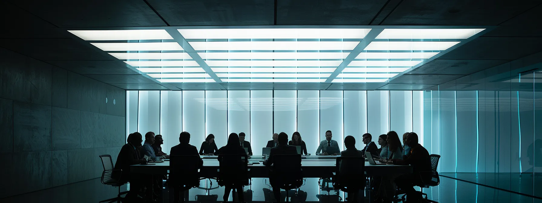 a dynamic office setting showcases a focused team engaged in a collaborative meeting around a sleek conference table, illuminated by modern overhead lighting, as they discuss strategic plans and cybersecurity protocols for cmmc compliance.