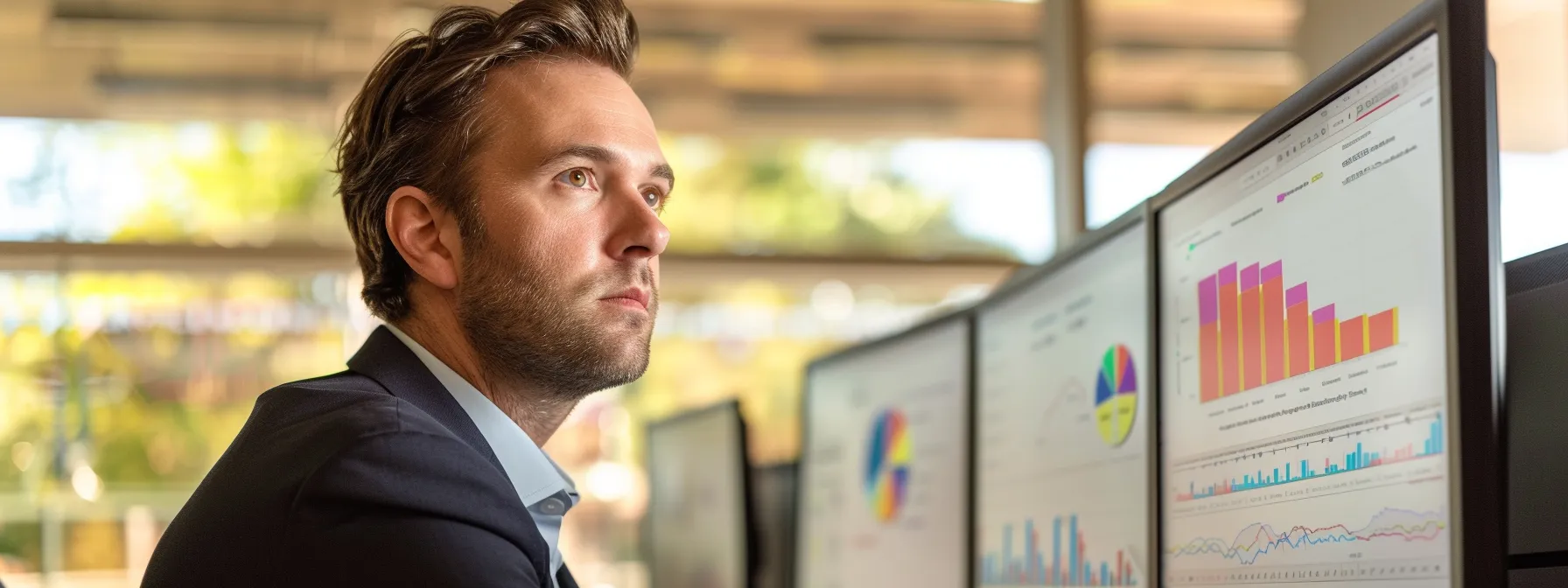 a focused business professional analyzes cybersecurity data on a sleek monitor in a modern office, surrounded by digital security charts and glowing screens, emphasizing the critical importance of risk assessment for safeguarding the enterprise.