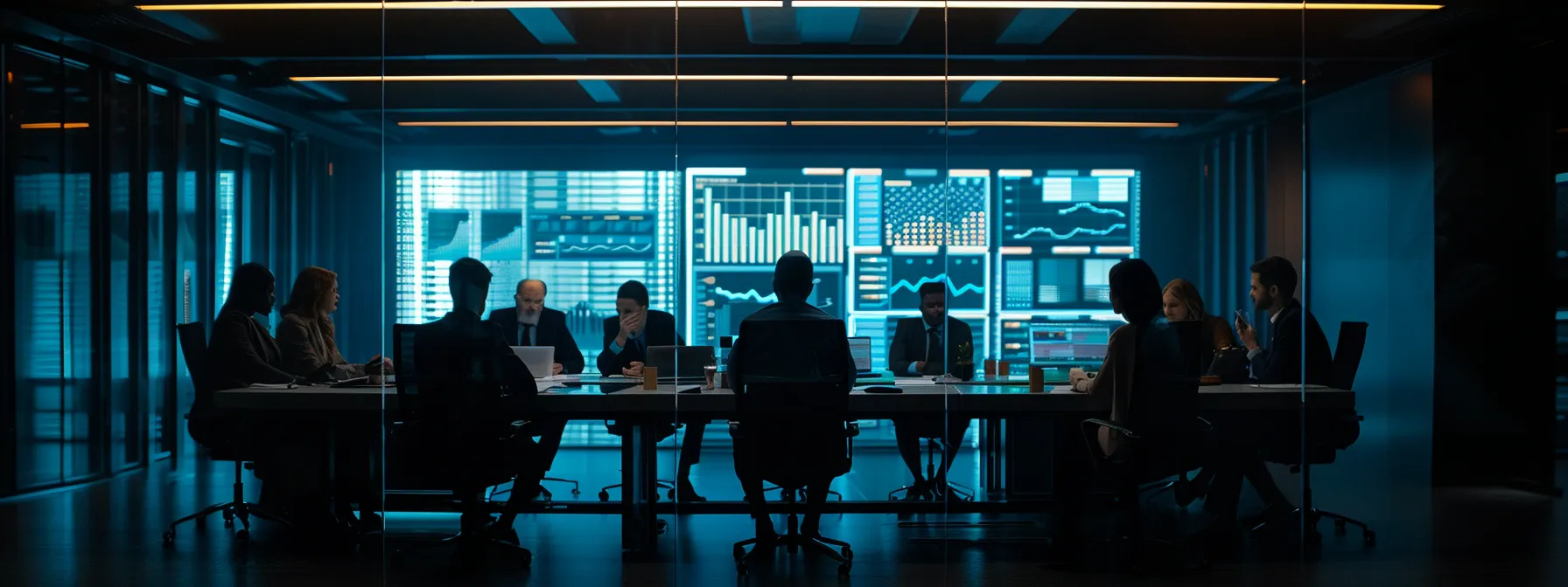 a focused office environment featuring a diverse group of professionals engaged in a strategic discussion around a sleek conference table, illuminated by overhead lighting, displaying charts and digital devices that reflect the complex dynamics of navigating cmmc modifications and their business impacts.