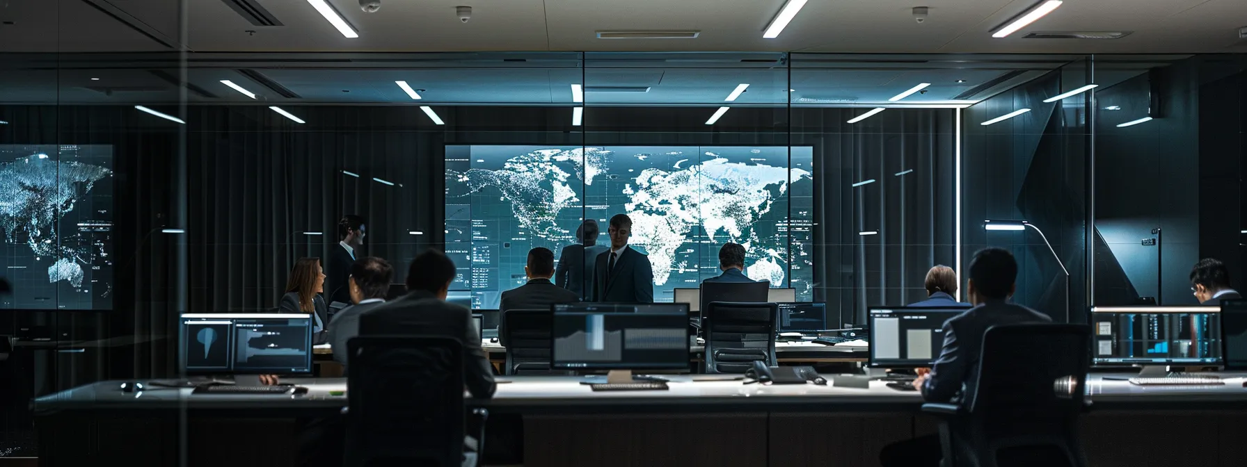 a focused office meeting room showcases cybersecurity professionals analyzing risk assessments on sleek digital displays, emphasizing strategic discussions on effectively allocating security resources against critical threats.