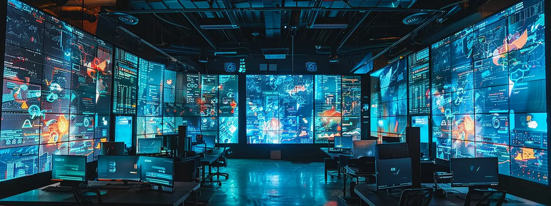 a high-tech cybersecurity operations center filled with multiple large screens displaying vibrant data analytics, threat maps, and alerts, showcasing the integration of siem, soar, and edr technologies in a dynamic urban workspace illuminated by cool blue and green lighting.