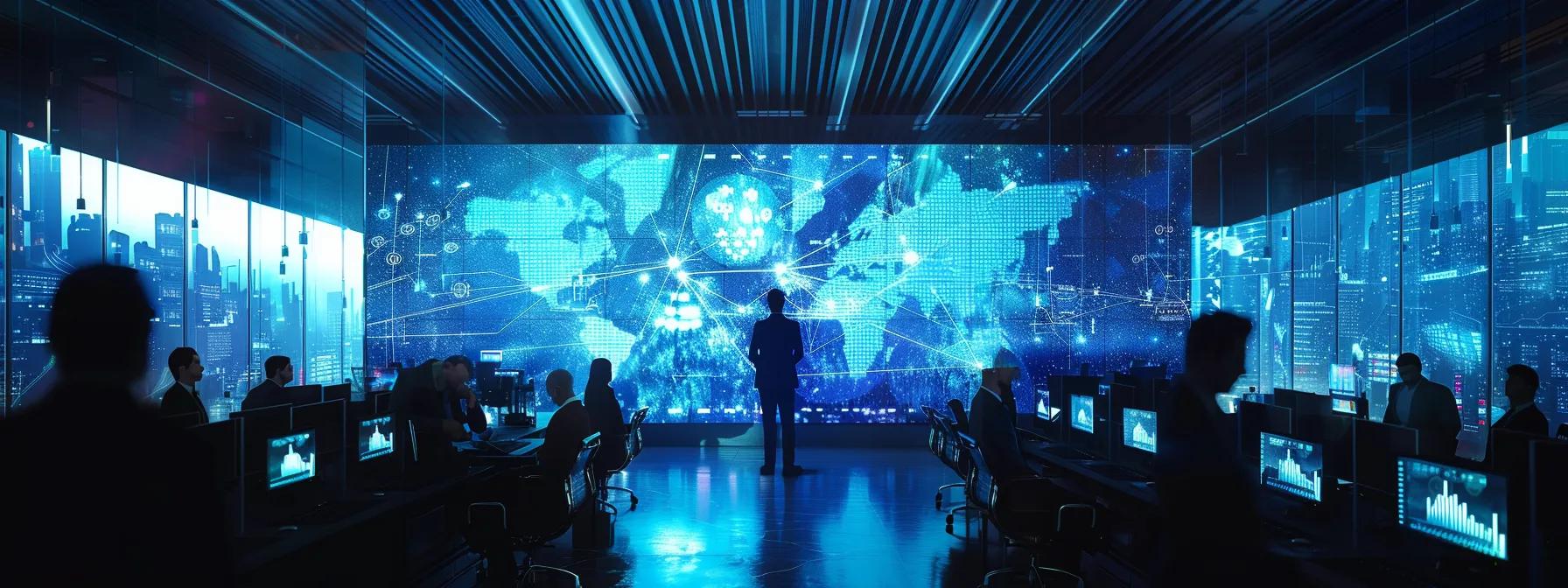 a modern office conference room features a sleek digital presentation displaying a strategic it blueprint, with professionals engaged in a collaborative discussion, surrounded by high-tech monitors and a vibrant atmosphere emphasizing innovation and growth.