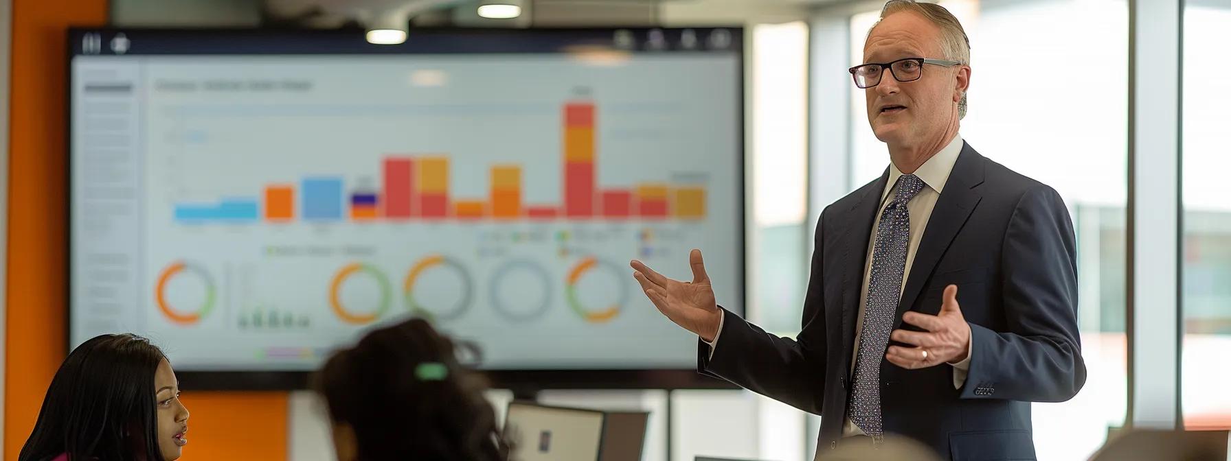 a modern office conference room features a large digital display showcasing a clear and colorful infographic on transparent billing models, while attentive business professionals engage in a discussion, illuminated by sleek, overhead lighting.