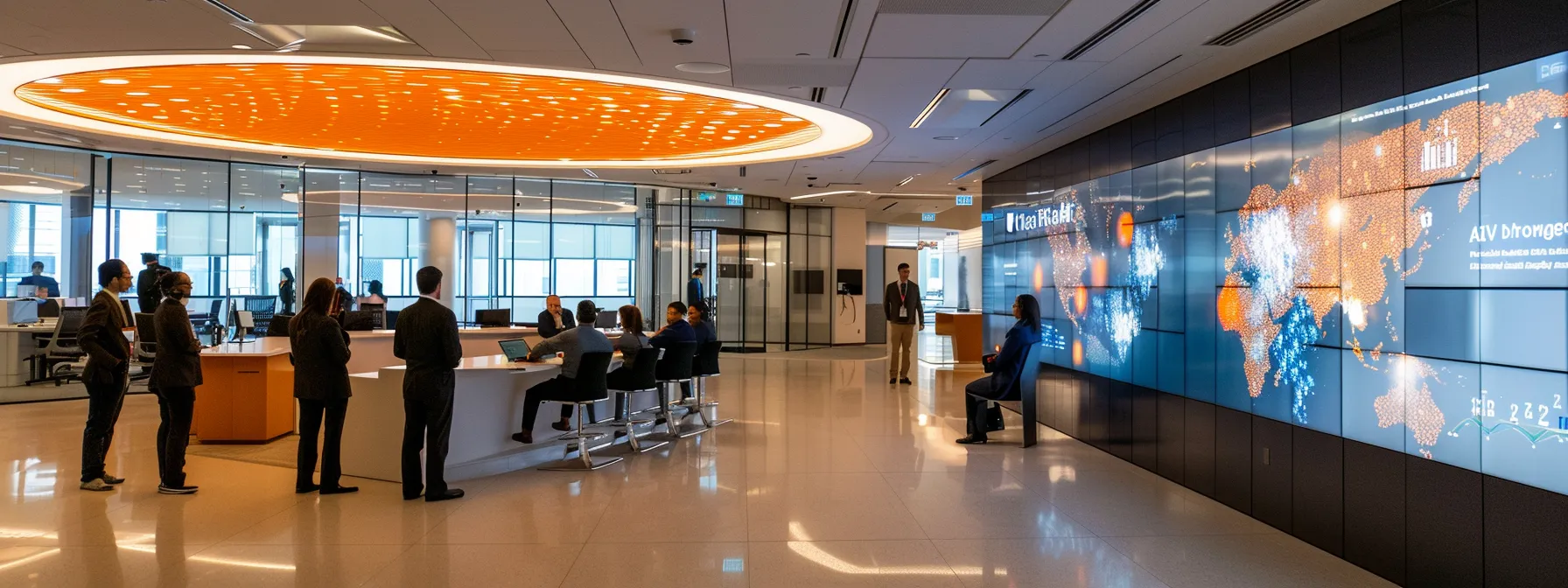 a modern office environment features a group of focused professionals engaged in a dynamic discussion around a large digital display showcasing the latest cybersecurity regulations and compliance strategies, illuminated by sleek overhead lighting.