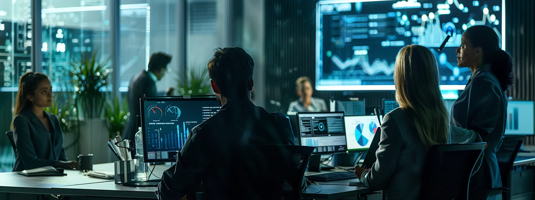 a modern office environment showcases a diverse team of professionals engaged in a dynamic incident response meeting, with digital dashboards displaying cybersecurity data and clear communication flow diagrams visible on the wall, emphasizing collaboration and strategic planning.