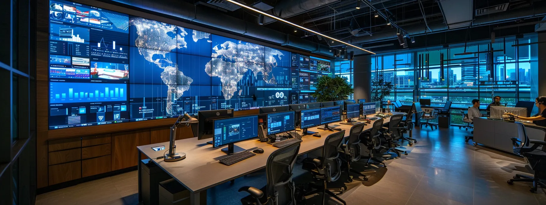 a modern office environment with sleek, digital security dashboards displayed on large screens, showcasing real-time data and analytics, while diverse professionals collaborate strategically around a high-tech conference table, embodying the theme of adaptable security solutions tailored to evolving business needs.