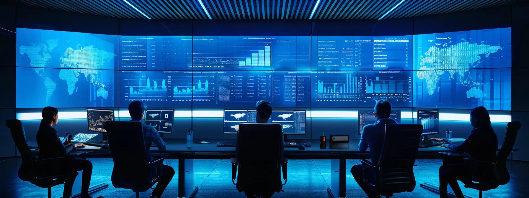 a modern office setting showcases a diverse team of professionals collaborating around a sleek conference table, surrounded by high-tech monitors displaying analytics and it dashboards, symbolizing the efficient management of it services for small businesses.