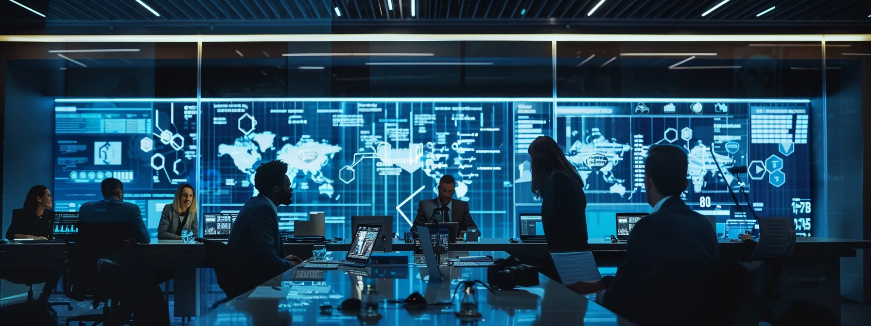 a modern office setting showcases a diverse team of professionals engaged in a dynamic discussion around a large conference table, with charts and digital screens displaying data protection laws like gdpr and ccpa, emphasizing the critical role of compliance in today’s business landscape.