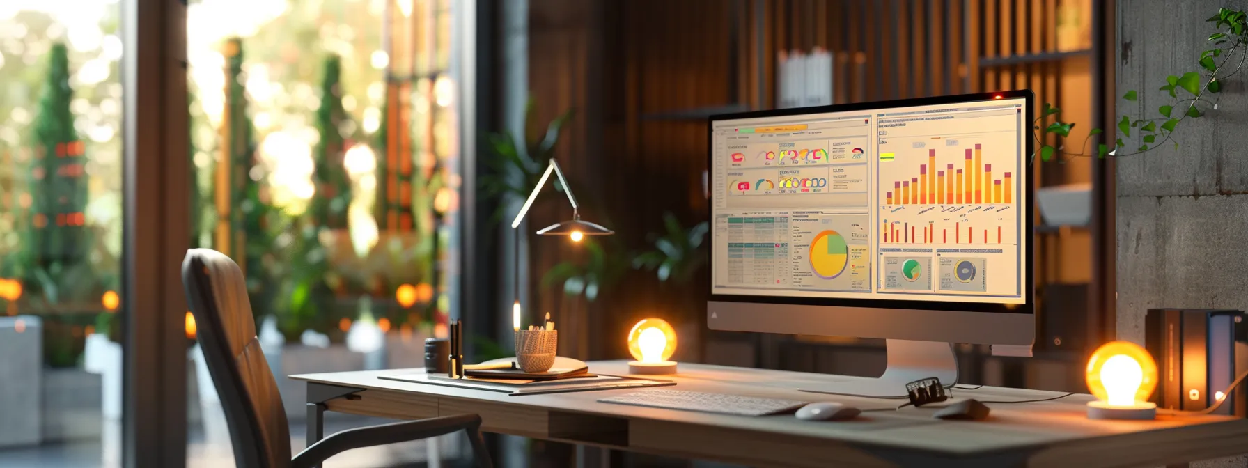 a modern office workspace features a sleek, high-tech computer monitor displaying a dynamic security dashboard, with digital graphs and alerts glowing vividly against a backdrop of contemporary design elements and soft, focused lighting, conveying the essence of managed security services.