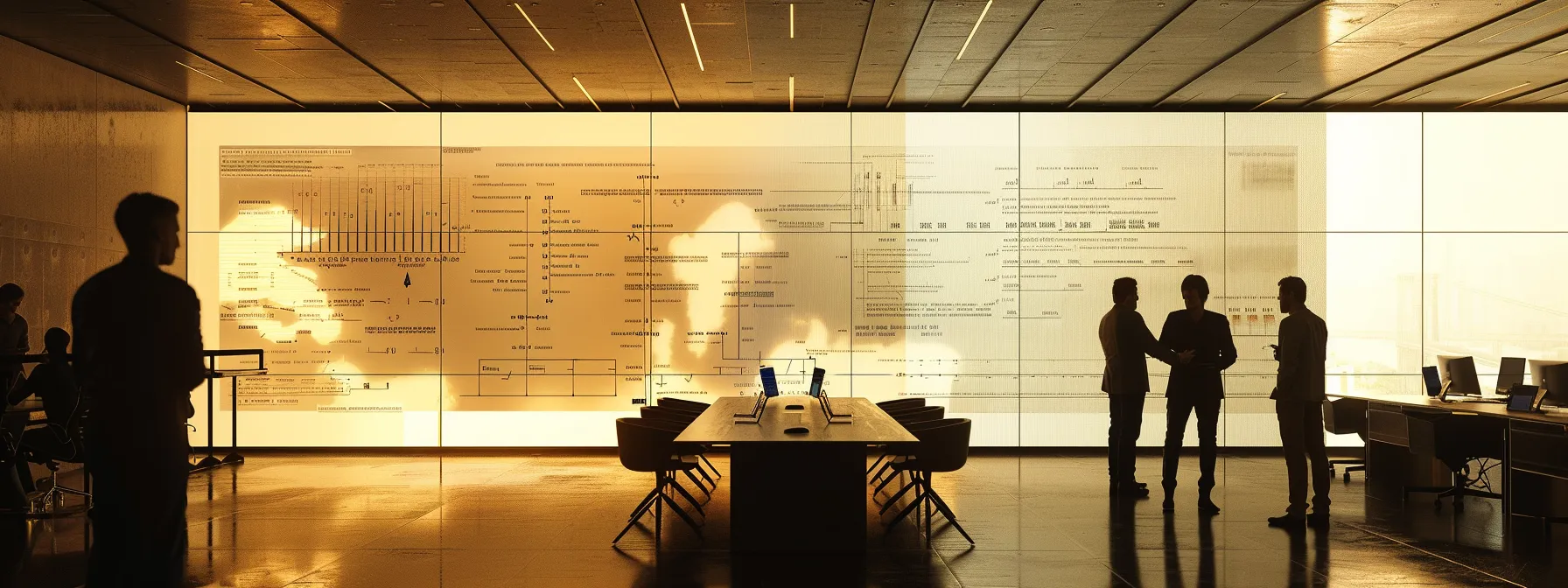 a modern office workspace features a large digital screen displaying a simplified flowchart of the cmmc 2.0 framework, with professionals engaged in a focused discussion on compliance strategies and cybersecurity updates, illuminated by sleek, ambient lighting.