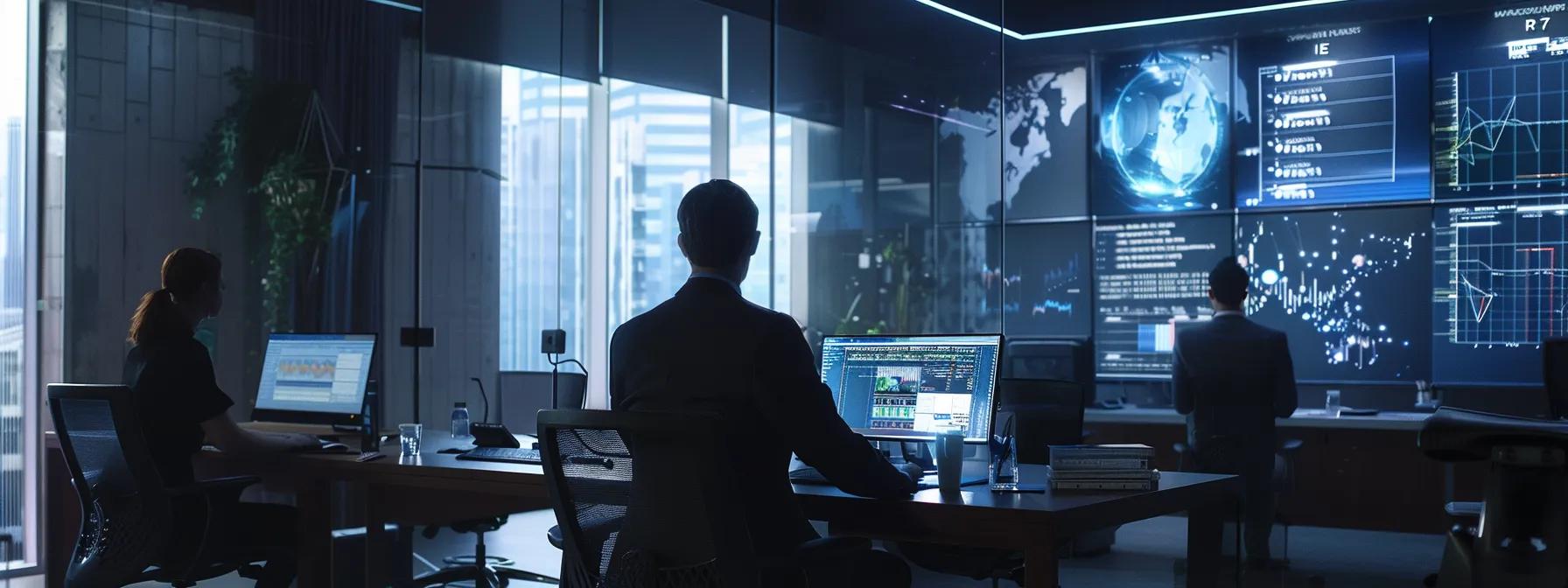 a modern, well-lit office space showcases a diverse team engaged in a strategic meeting, analyzing charts and data on sleek digital screens, illustrating the partnership between small businesses and innovative it solutions for maximizing performance and proactive support.