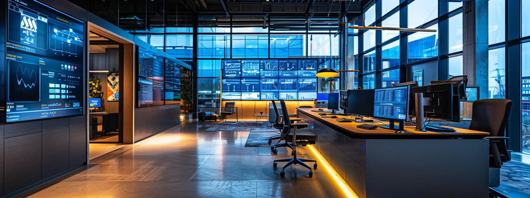 a sleek, contemporary office featuring a high-tech it workstation with advanced cloud management screens displaying seamless data integration and virtualized environments, illuminated by cool led lighting to emphasize a cutting-edge tech atmosphere.