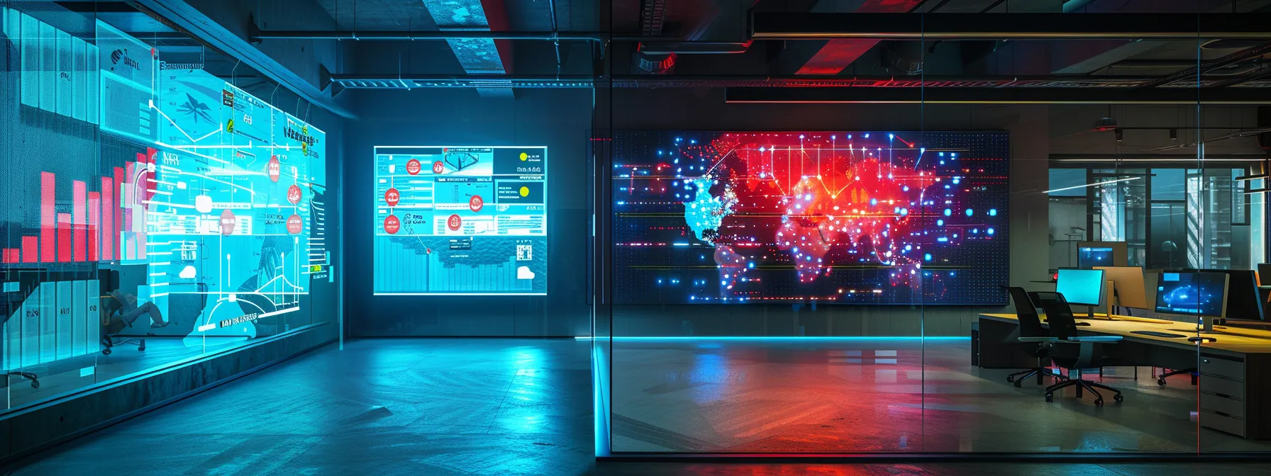 a sleek, high-tech office space showcases a digital screen displaying a dynamic flowchart of the cybersecurity incident response lifecycle, with vibrant colors highlighting key phases such as preparation, containment, and recovery, illuminated by futuristic lighting for a professional atmosphere.