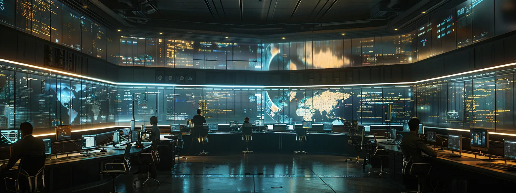 a sleek, modern cybersecurity operations center is filled with illuminated screens displaying real-time threat data, highlighting professionals collaborating at high-tech workstations to proactively strengthen security measures against potential vulnerabilities.
