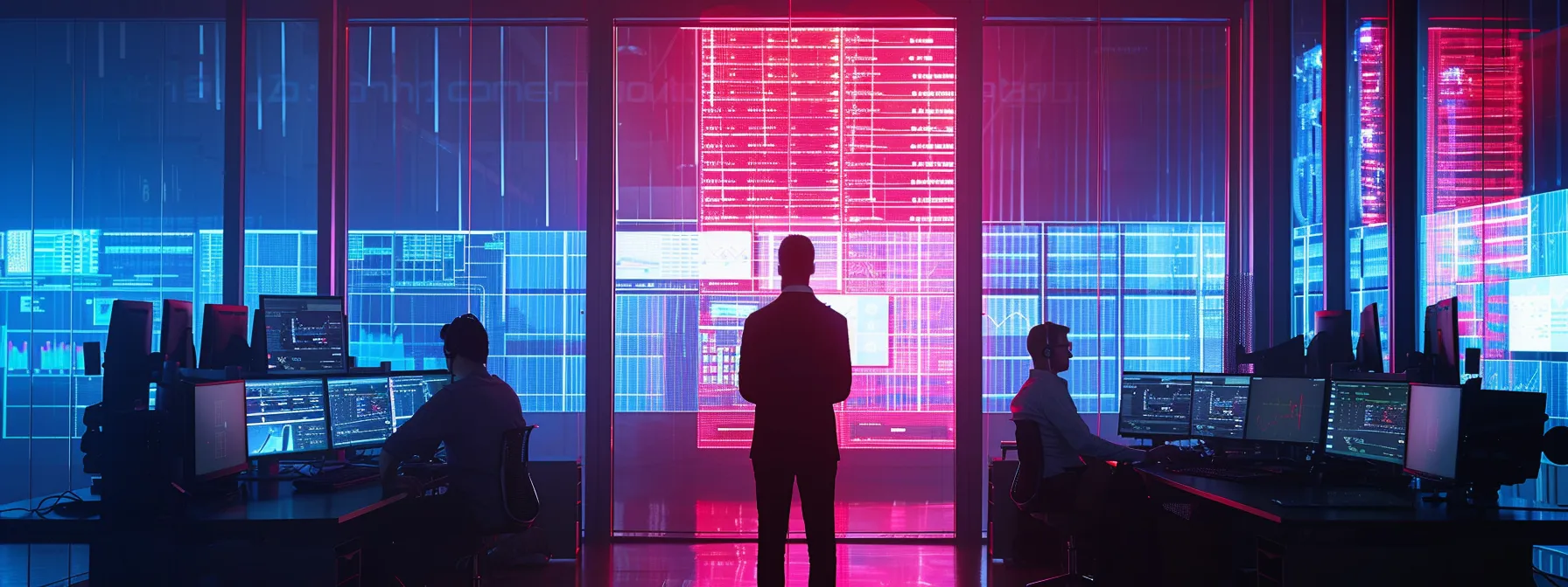a sleek, modern cybersecurity operations center is illuminated by vibrant led screens displaying real-time data analytics, portraying a team of professionals engaged in a focused incident response meeting.
